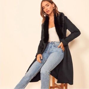 Reformation Black Faux Fur Trim Coat Size M